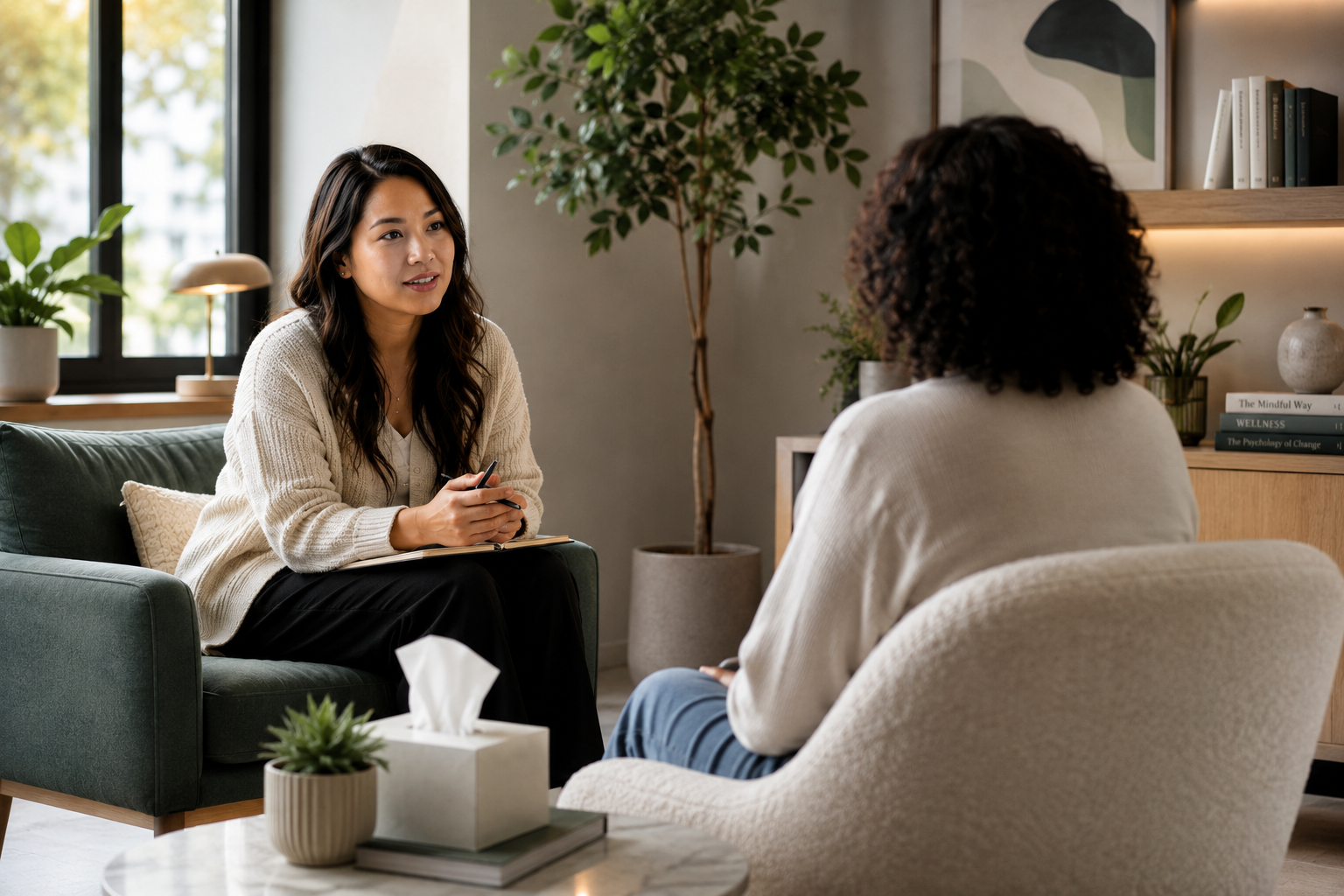 Professional therapist in a comfortable, modern therapy office setting with natural lighting and welcoming atmosphere, illustrating the quality care environment clients can expect